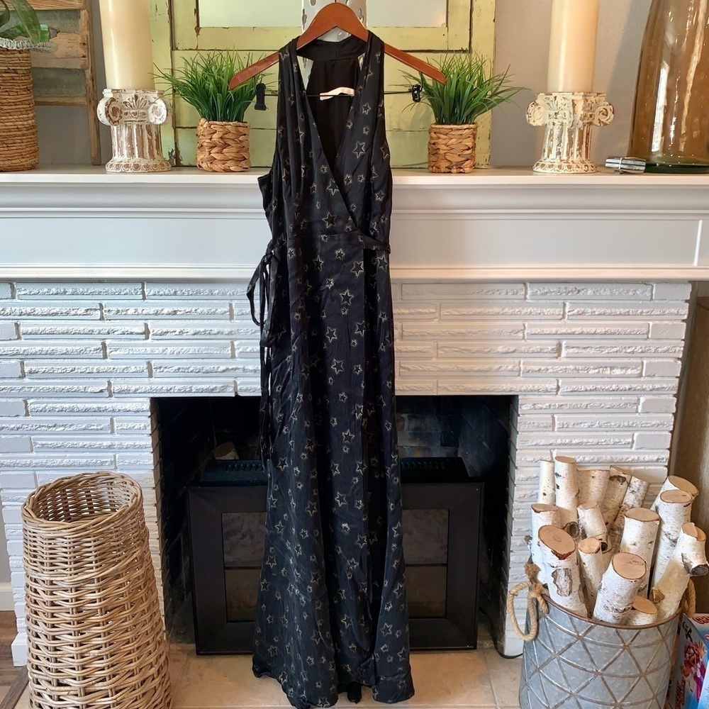 Hutch Anthropologie Starry Night Black Star Print Wrap Maxi Dress Size Small